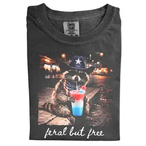 Vintage Patriotic Raccoon Shirt, Feral But Free Tee, Funny Animal Graphic Tee, Raccoon Slushie T-Shirt, 4th of July Meme Tee, USA Patriotic Shirt, Gift for Men, Gift for Women