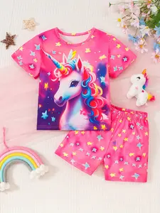 Girls' Summer Unicorn Starry Sky Short Sleeve T-Shirt Shorts Set, Casual Sportswear, All over Print, Slim-Fitting, No Zipper, No Collar