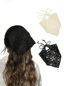 Women's Floral Crochet Knit Headscarf Set, Vintage Daisy Design, Fashion Accessory for Girls & Women, Trendy Hair Wrap for Daily Wear, Square Scarf