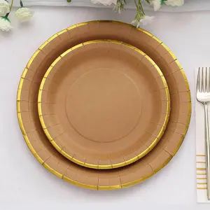 25-Pack Kraft Paper Round Dessert Plates 8" Natural Brown with Gold Lined Rim - Disposable Salad Appetizer Plates for Rustic Themes & Celebrations
