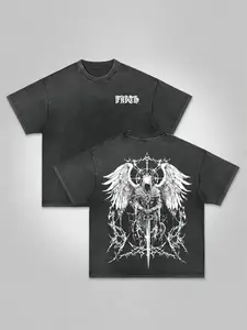 Men's Heavyweight Vintage Washed Distressed Short Sleeve T-Shirt - Gothic Demon & Winged Back Print, Oversized Streetwear, Soft Breathable Fabric, Loose Round Neck, Festive Casual & Statement Outfits (Machine Washable), Shortsleeve, Tshirt