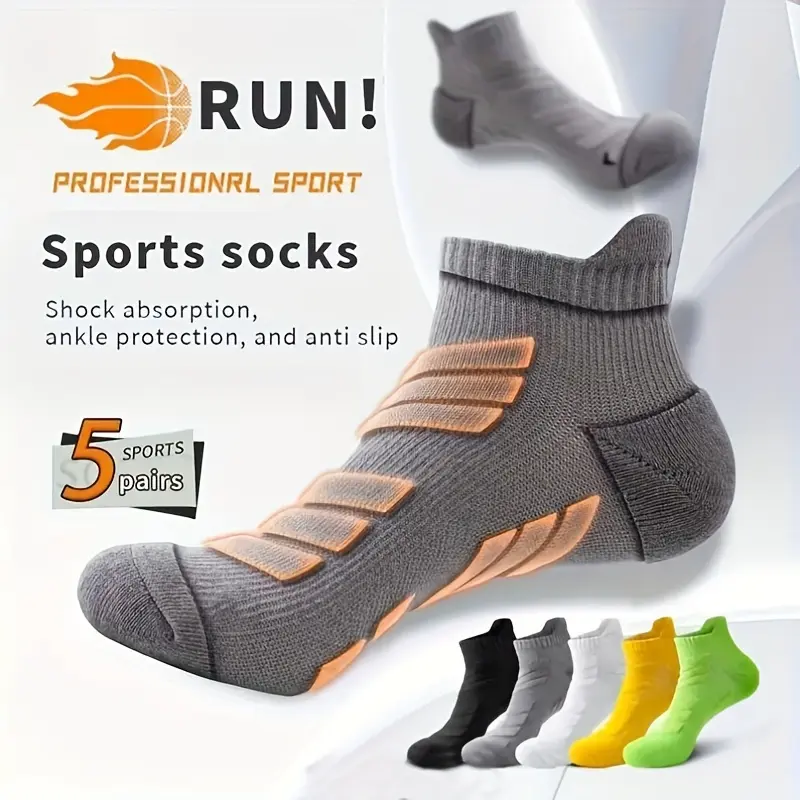 [Shock Absorbing Socks] 5pcs Shock Absorbing RUN! Men's Professional Sports Socks | Anti-Slip Ankle Socks with Thick Towel Bottom for Marathon & Basketball, Breathable Polyester-Elastane Blend | Available in Gray/Orange, Black, White, Green