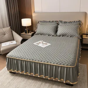 3pcs Cotton Bedskirt Set, Includes 1 Bedskirt & 2 Pillowcases, Thick Quilted Mattress Protector, All Seasons Use