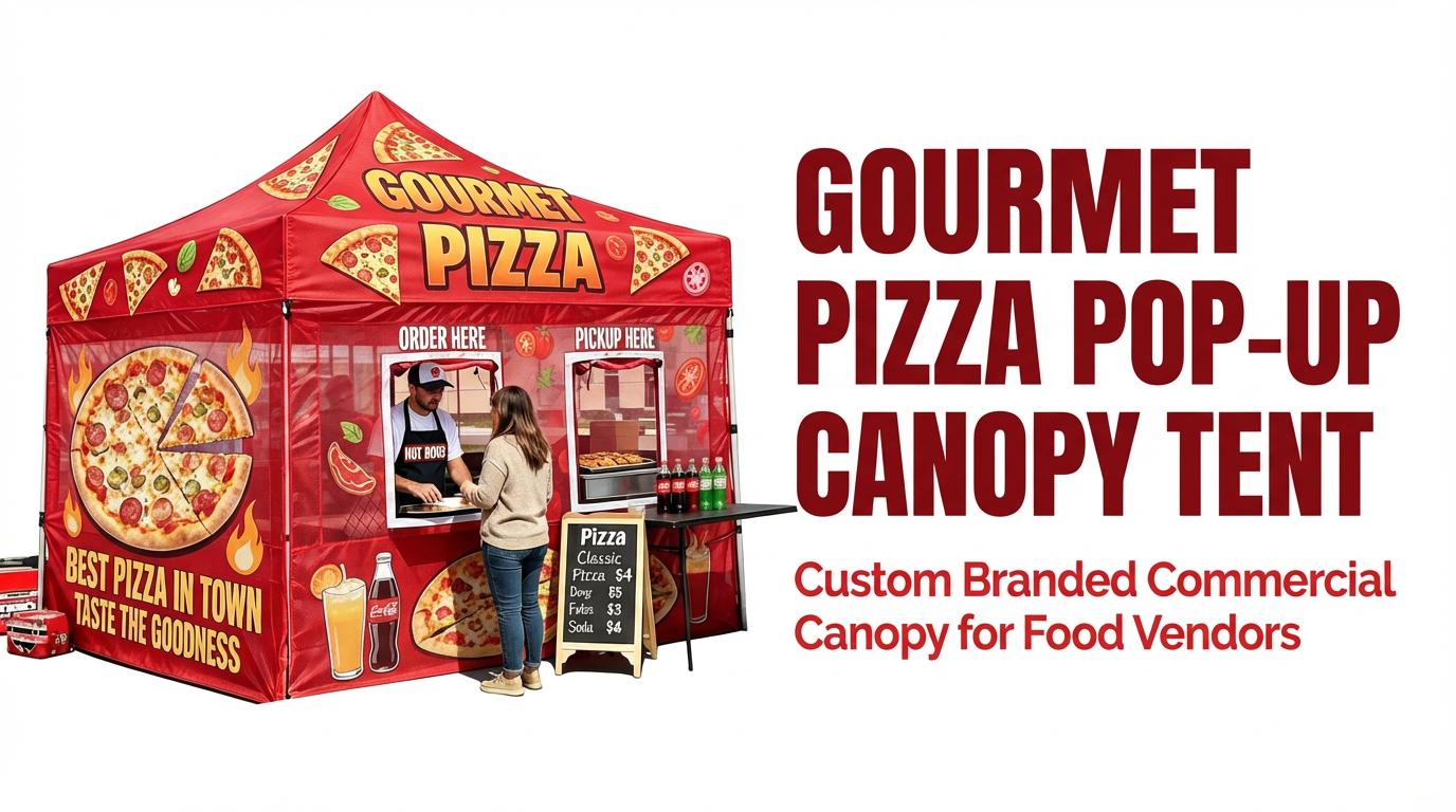 Pizza Booth Tent Dye Sublimation Printing Retractable Tent Business Event Flame Resistant Pop-Up Vendor Canopy for Food Festivals & Street Stalls with Wheeled Carry Bag