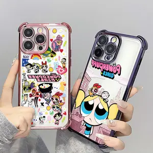 Cartoon Powerpuffs Girls Plating Case For iPhone 17 17Air 16 15 14 13 12 11 Pro Max X XSMax Plus Girls Gifts Anti-Fall Airabag