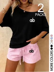 Women's Casual Loose Fit One Shoulder Top & Striped Shorts Set, Summer Clothing Set, Fashionable Summer for Outdoor, Shopping, Party, Trendy Wear