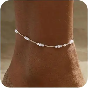 Gold/Silver Ankle Bracelets for Women,14K Gold Anklets for Women Waterproof Pearl Heart Beads Evil Eye Rhinestone Anklets Set Layered Anklet Bracelets for Women Gold Jewelry men Adjustable Rate Couples men's