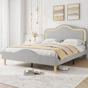 Grey Queen Size Bed Frame with LED Lights, Velvet Upholstered Platform Bed with Adjustable Headboard for Kids/Girls, Wooden Slats Support, No Box Spring Needed