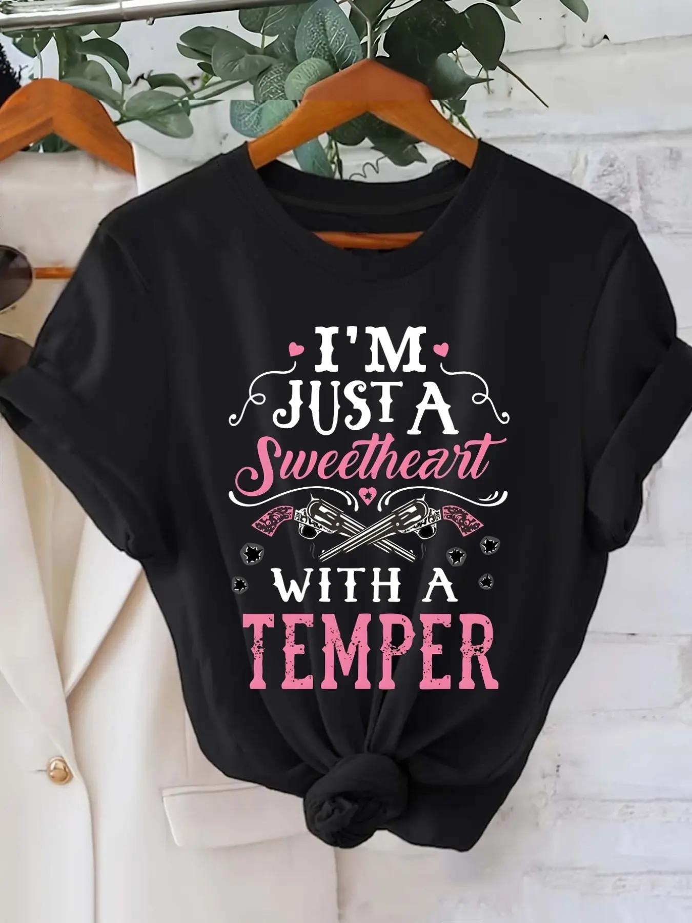 Women's Sweetheart with a Temper Graphic T-Shirt, Shortsleeve Crew Neck Streetwear Top, Conversation Piece for Jeans, Round Neck, Blazer, Tshirt, Casual, Lady, Tee, Sleeves, Relaxed Fit, Bold Text, Dry Clean