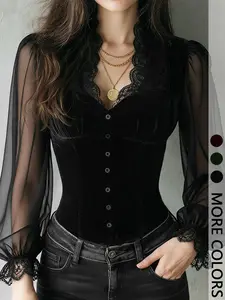 Women's 1pc Lace Trim Corset Blouse  Functional Front Button Placket & Sheer Puff Long Sleeves & Slim Corset Silhouette & Contrast Texture Design，gothic Fitted