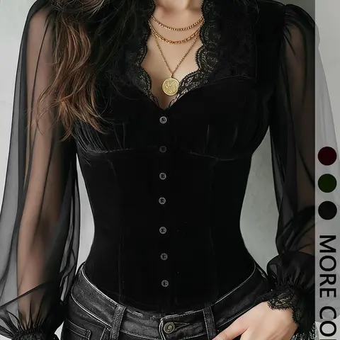 Women's 1pc Lace Trim Corset Blouse Top Shirts Button Up Top Functional Front Button Placket & Sheer Puff Long Sleeves & Slim Corset Silhouette & Contrast Texture Design，gothic Aesthetic Fitted Spring, Womenswear