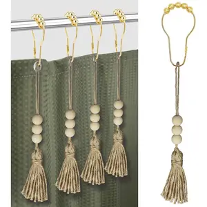 Boho Shower Curtain Rings for Bathroom Decor, Set of 12 Decorative  Shower Curtain Hooks with  Beads Tassel, Silent Smooth Stainless Steel Rust Resistant Shower Rings ( with Tassel)