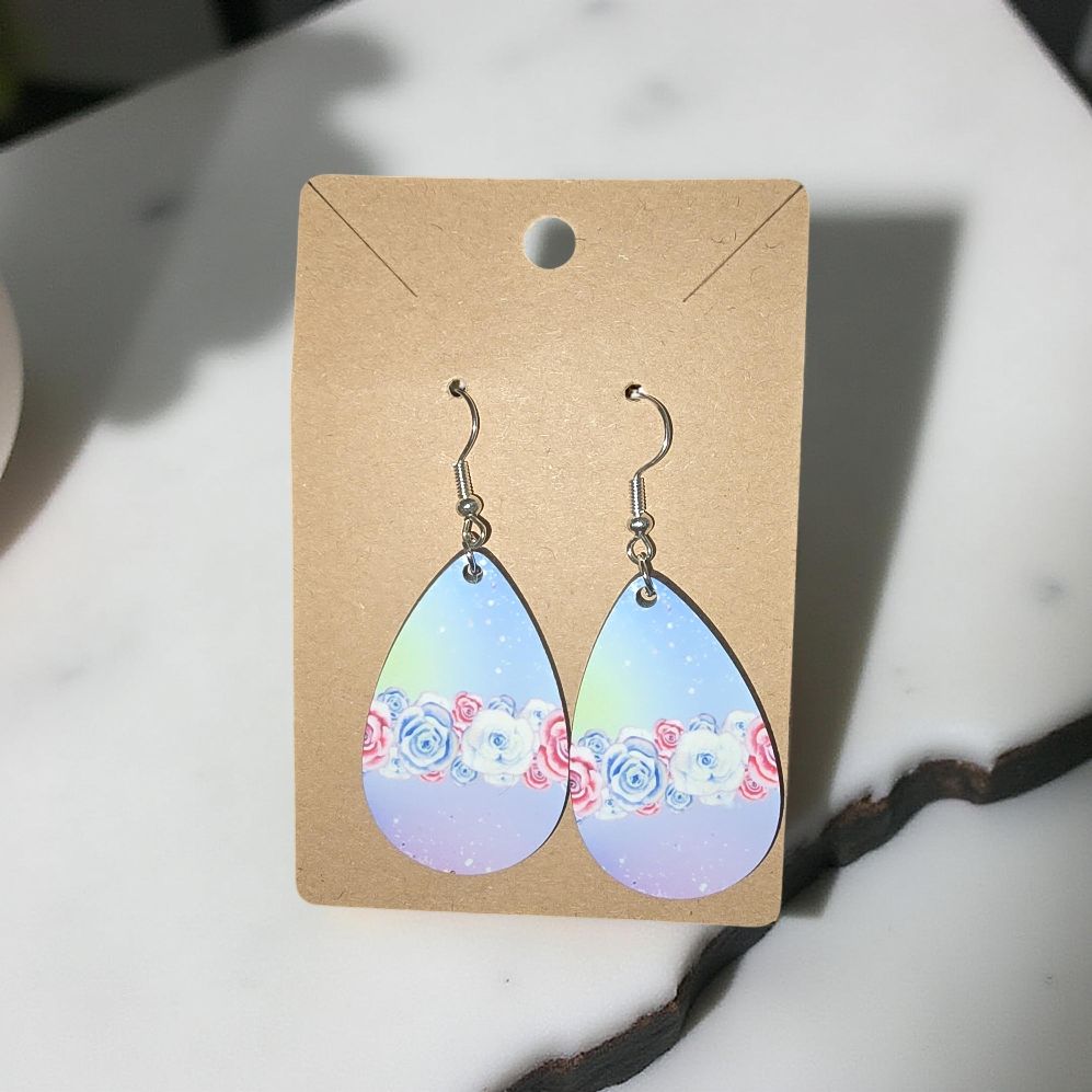 Floral Earrings - Handmade Teardrop Design, 1 x 1.6" & 3mm Width, Rubber Backing Included, Sublimation on Wood