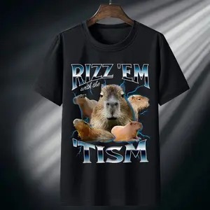 Men's Trending "Rizz 'Em With The Tism" Capybara Graphic Tee Menswear | Viral Meme Print, Bold Animal Design, Soft Fabric – Must-Have for Internet Culture Fans, Capybara Lovers & Those Who Love Unique, Trend-Driven Casual Wear Vintage Washed