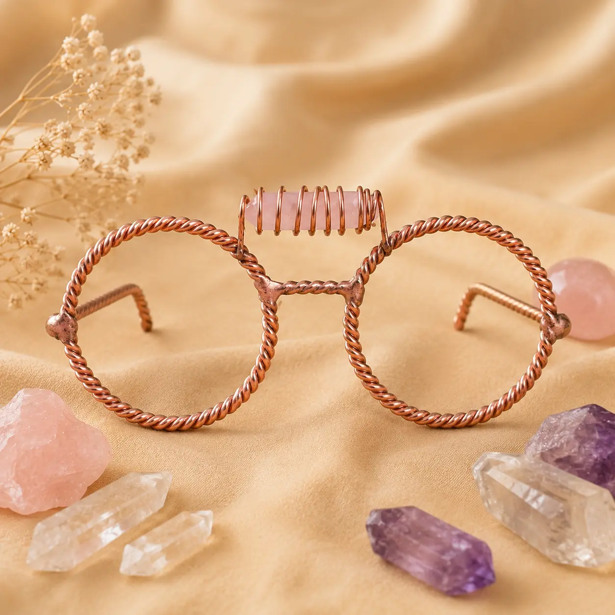 Handmade Copper Wire Frame Glasses with Rose Quartz, Round Twisted Wire Non-Prescription Eyewear, Unisex