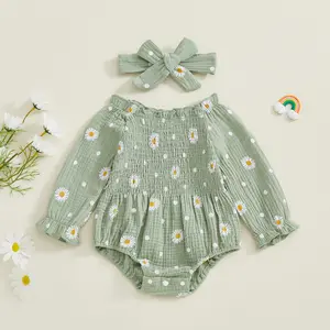 Baby Girls Smocked Romper Fashionable Daisy Print Long Sleeve Bubble Jumpsuit with Headband