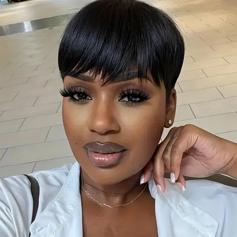 OPQHAIR Women's Short Pixie Wig with Bangs, Full Machine-Made Brazilian Human Hair Pixie Wigs for Female, Natural Texture, Heat Resistant, Ideal for Casual & Sporty Styles