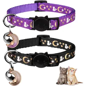 2PCS Breakaway Cat Collars with Bell Moons Stars Cute Kitty Adjustable Safe Kitten Collars with Pendant Glow in The Dark(Black&Purple) cat  collar  girl