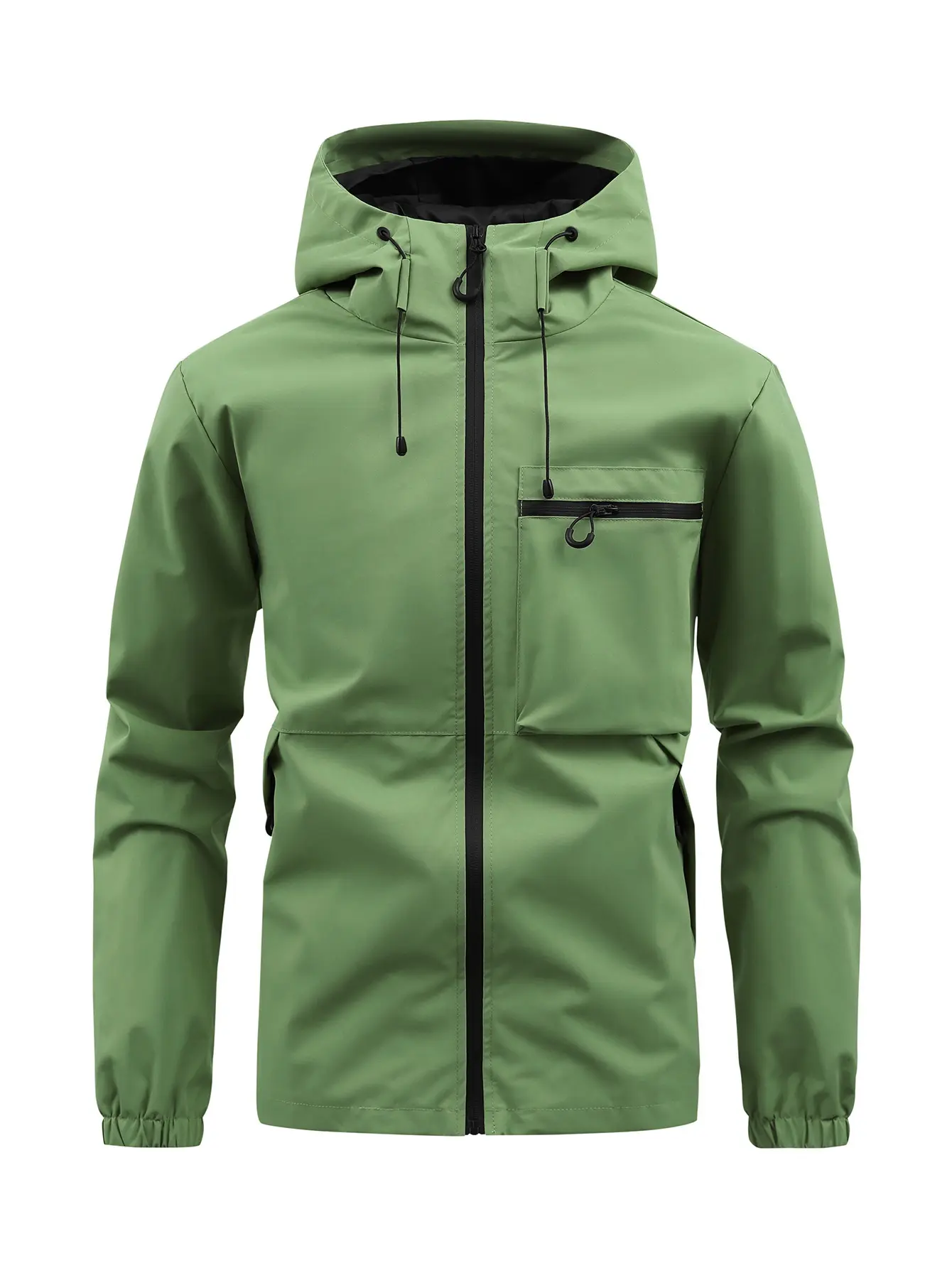 Men's Lightweight Hooded Windbreaker - Plain Longsleeves Tops, Casual Style Outerwear with Adjustable Drawstring, Front Zipper Pockets, Sporty Design for Outdoor Use (Green/Beige/Black, Customizable), Windproof Outerwear, Personalized, Coat