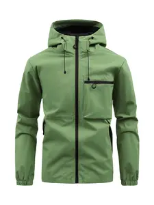 Men's Lightweight Hooded Jacket in Green Outdoor Casual Windbreaker with Adjustable Drawstring & Front Zipper Pockets Solid Color Long Sleeve Sport Coat Beige/Black Menswear Customized