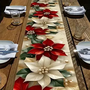 1 Counts Red Christmas floral table flag with magenta and gold accents - suitable for kitchen, outdoor parties | holiday home gifts | elegant table accessories | Christmas ta Table Runner