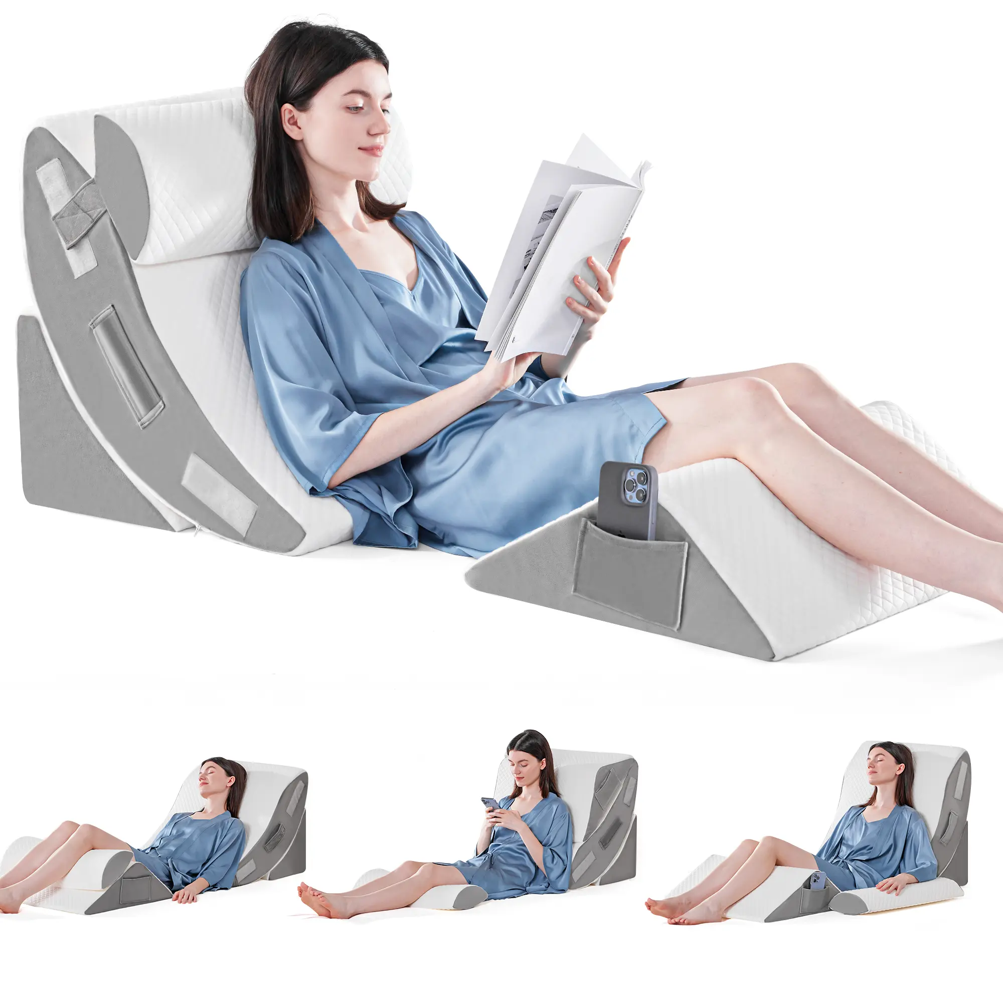 4PCS Orthopedic Memory Foam Bed Wedge Pillow Set, Adjustable Triangle Pillows, Machine Washable for Adult Post-Surgery Recovery, Back-Leg Pain Relief
