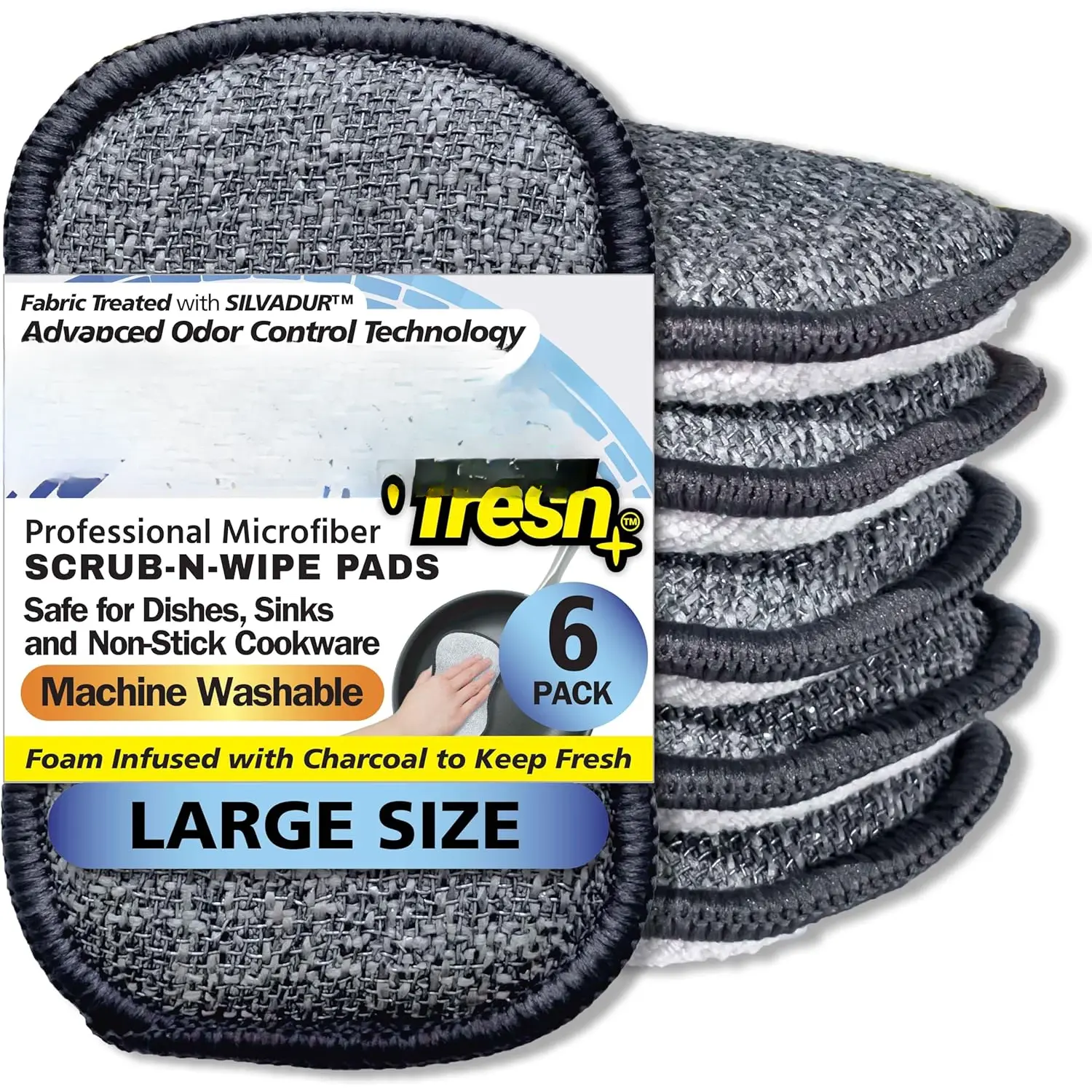 Fresh Scrub-N-Wipe Pad by , 6-Pack,  & Charcoal  for Odor Control, Microfiber, Multi-Surface, Non-Scratch, Dual-Sided, Machine Washable, Kitchen Sponge (Large)