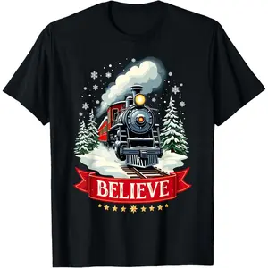 Belive Train Christmas Costume North Pole Polar Express T-Shirt, 100% Cotton, Single Side Printed, Black Short Sleeve T-shirt, 1 pc, Christmas Halloween Thanksgiving Gift