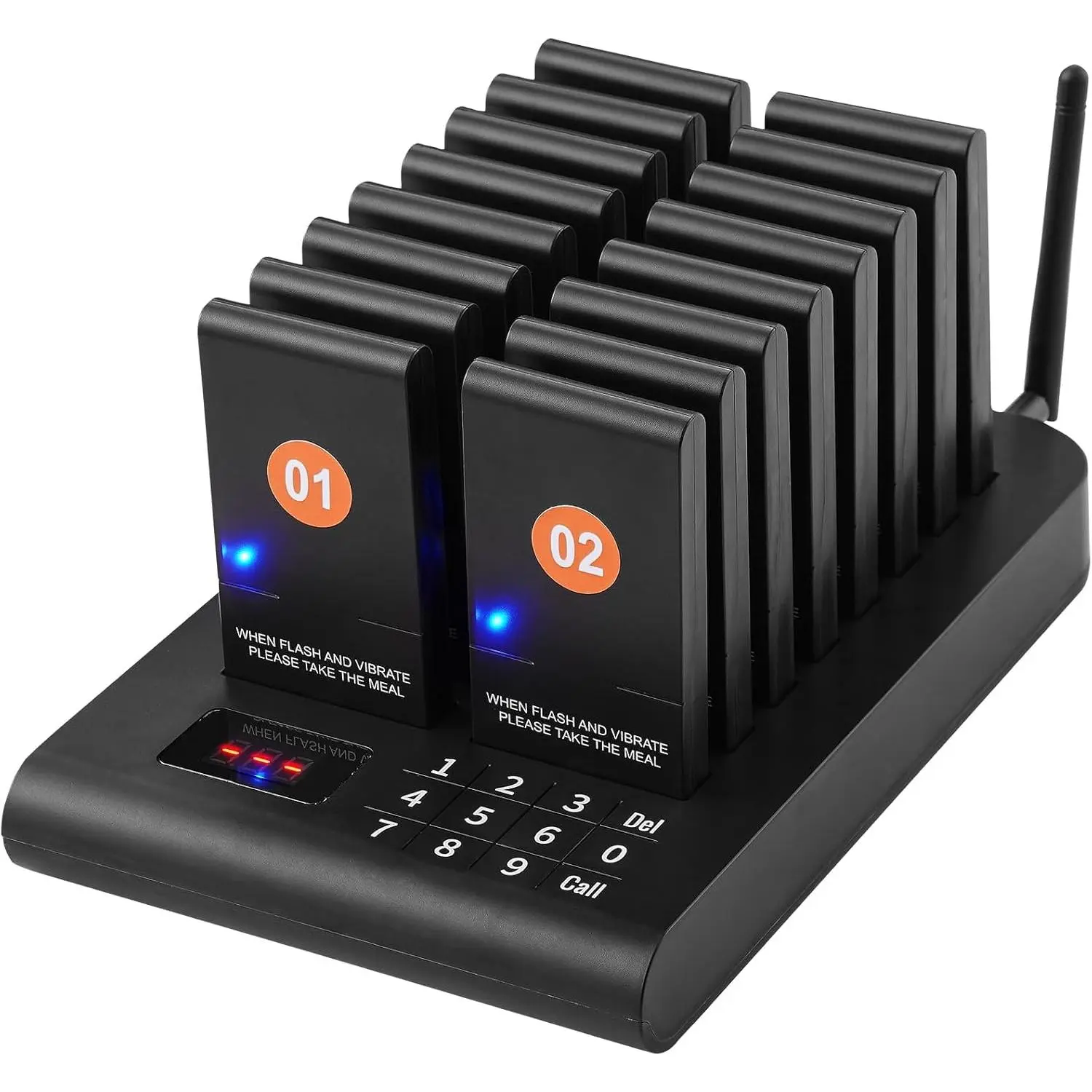 VEVOR Wireless Transmitter-Pager System with Charging Base, 500m Long Range, 16 Beepers, LED Flashing, Vibration & Buzzer Alert Modes, 250mAh Lithium Poly Batteries, DIY Ad Slogan Paper Compatible for Cashier Areas