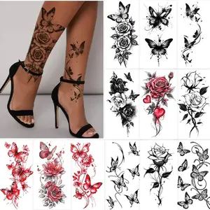 12 Sheets Temporary Tattoos For Women, Realistic Red Flower Half Arm Sleeve Tattoos, Waterproof Long Lasting Fake Tattoos, Semi Permanent Sexy Floral Body Stickers For Adults
