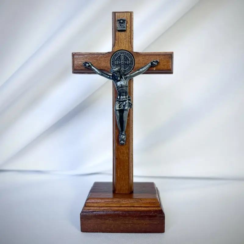 Small St. Benedict Standing Crucifix | Wooden Catholic Cross Brazilian Walnut | Benedict Medal Crucifix | Christian Desk Decor