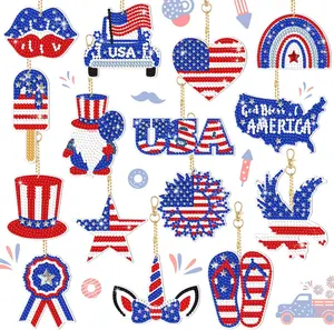 Patriotic 15 Pcs 4th of July Decoration Keychains - Diamond Art, Red, Blue, White, Key Ring, Independence Day Party Supplies