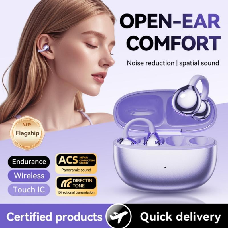 MUPUSONG Open Earbuds Air Conduction Wireless Bluetooth 5.4 Clip On with Microphone 42H Playtime Sports Running Exercise Eyeglass Wearers Audio Headphone Black