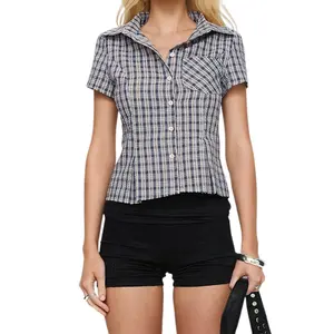 Women's Summer Plaid Shirt Short Sleeve Button Closure Casual Streetwear Blue Blouses Womenswear