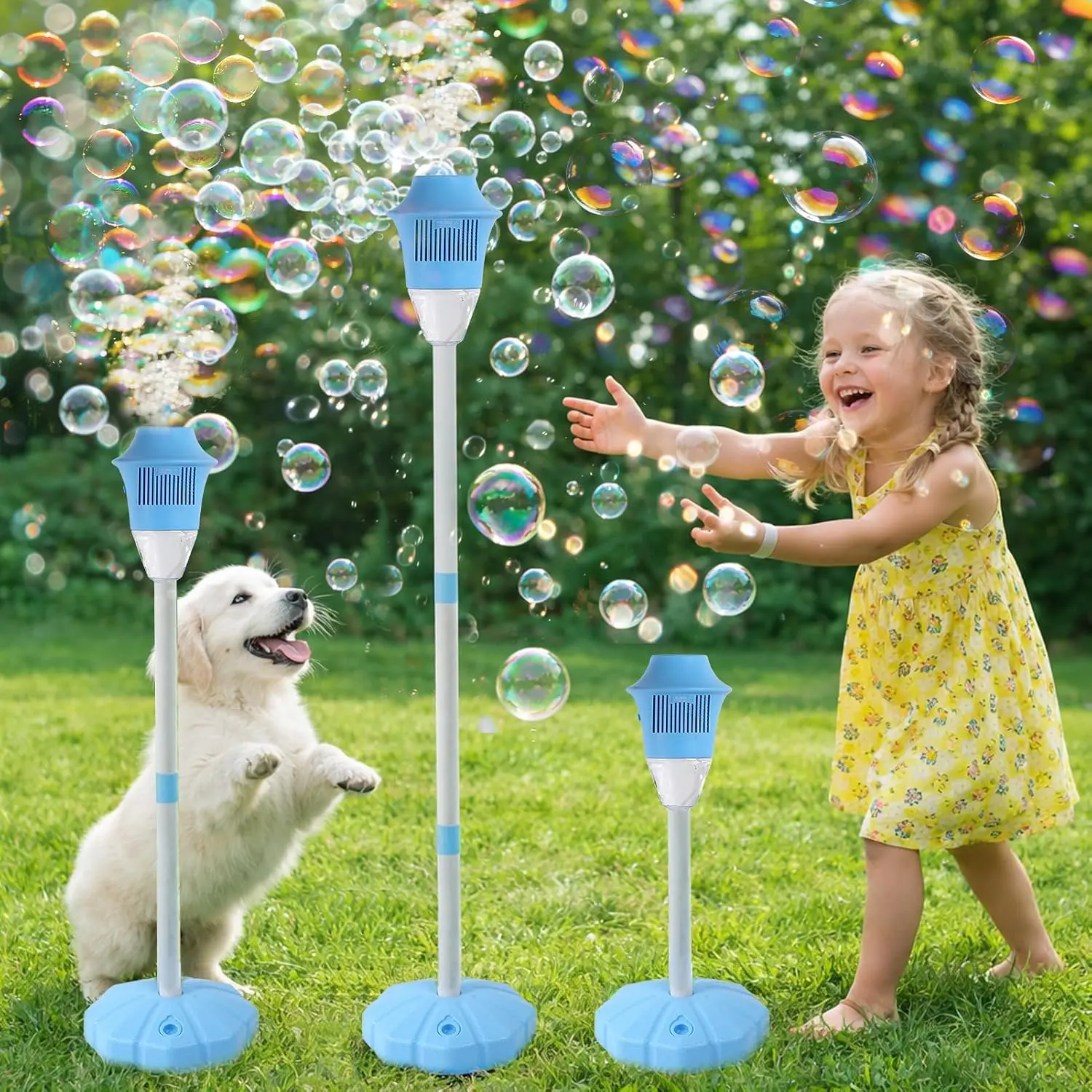 Automatic Bubble Maker for Kids, Outdoor Bubble Machine with Lights, Music, Adjustable Stand and Portable Summer Party Play