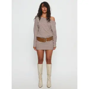 Caia Off Shoulder Long Sleeve Jersey Mini Dress Chocolate Stripe