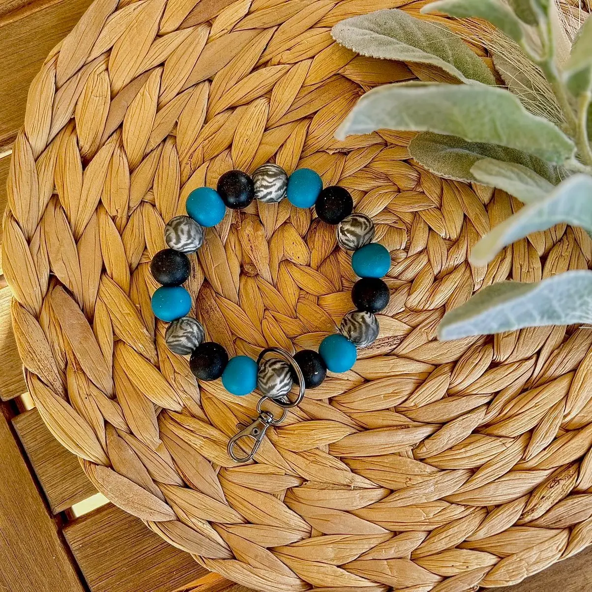 Black and blue zebra silicone wristlet keychain