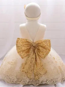 3-6M，3-4Y，Champagne Baby Girl Clothes with Headband Sequins Big Bow Infant Christening Cocktail Embroidered Toddler Baptism Pageant Birthday Party Ball Gown Princess Dress for all Season