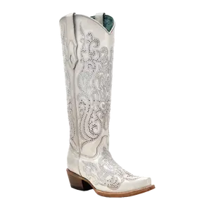Corral Ladies Crystals Overlay Snip Toe White Tall Western Boots C4099