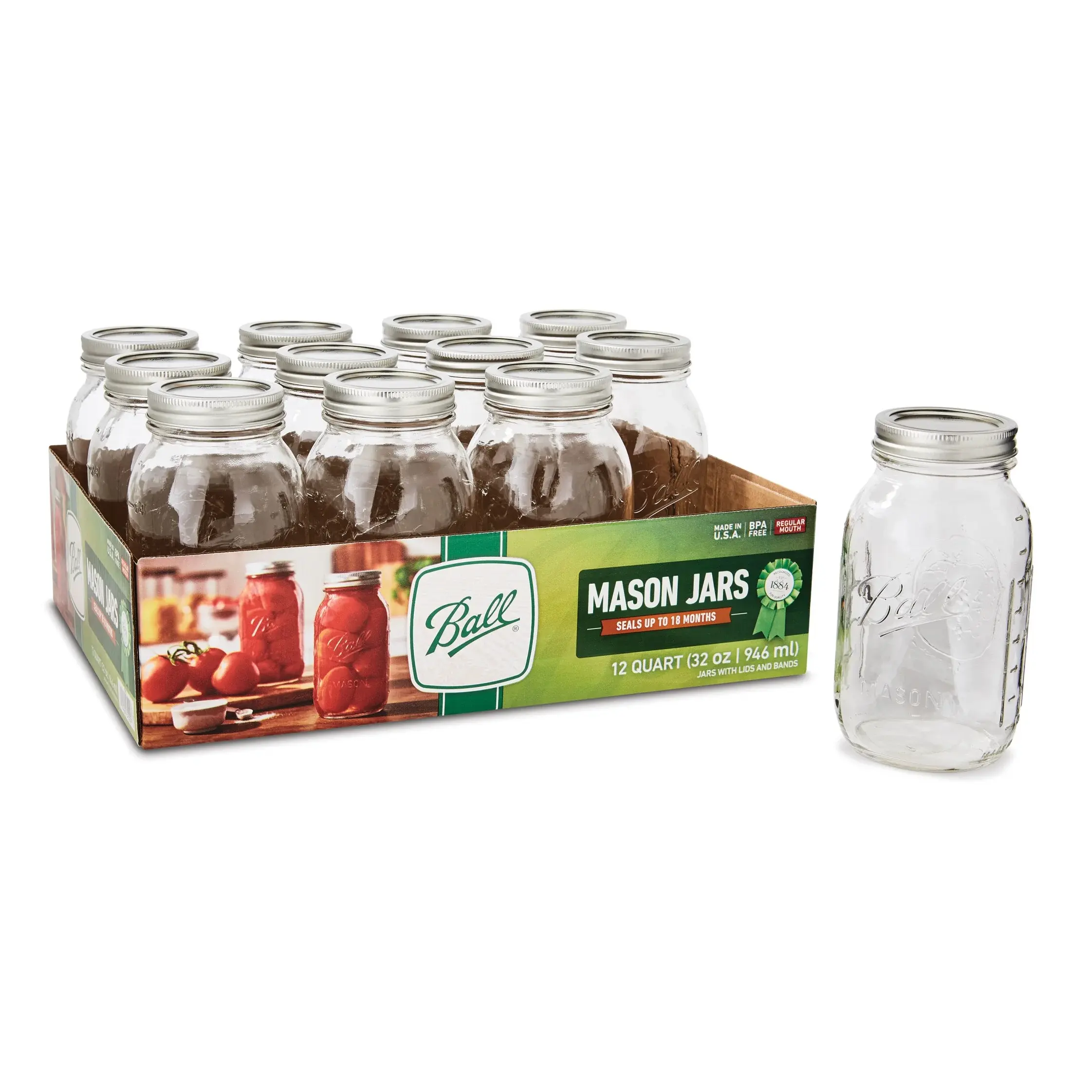 Regular Mouth Quart 32-Oz. Glass Mason Jar with Lids and Bands, 12-Count