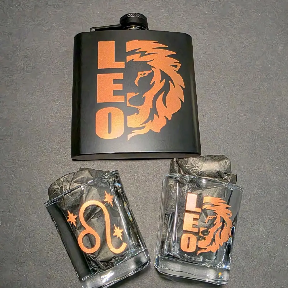 Leo Zodiac Sign Flask/ Shotglass Drinkware Giftset Birthday Shot Glasses