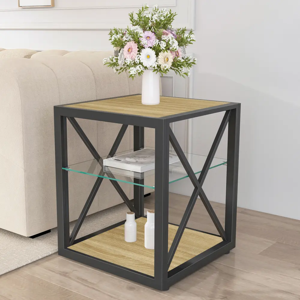 1-Piece Industrial Rustic Vintage Square End Side Table - 17.72"L×17.72"W×21.07"H, Tempered Glass & Natural Wood MDF Top, Tiered Storage, X-Framed Metal Base, 110lbs Capacity, MDF & Steel Compact for Living Room (Assembly Required), Side Tables