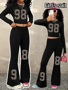 Girls' Y2K Aesthetic 2-Piece Set: Long-sleeve crop top (leopard print '98' number) + flared pants. Unique design for a niche look, ultra-soft fabric for all-day comfort. Casual & stylish—perfect for playdates, outings or daily wear!