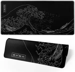 Gaming Mouse Pad Black Mouse Pad Kanagawa Large Mousepad Non-Slip Rubber Base Waterproof with Stitched Edges for Gaming Office Home