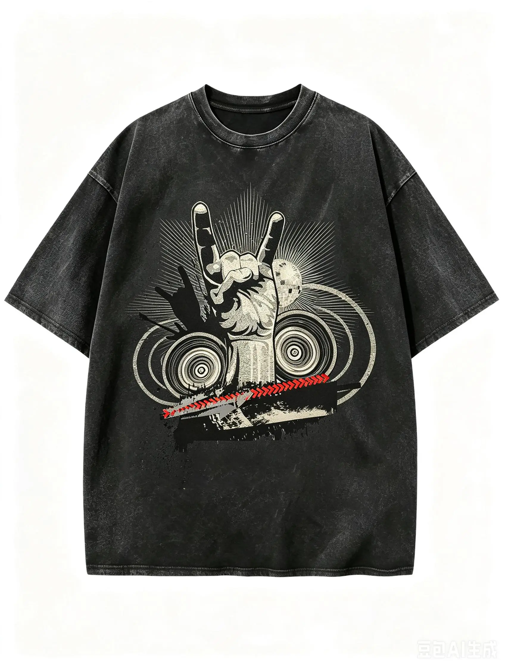 Vintage Washed Rock On Hand Sign Speaker Graphic T-Shirt, Oversized Distressed Grunge Punk Music Unisex Short Sleeve Streetwear Tee