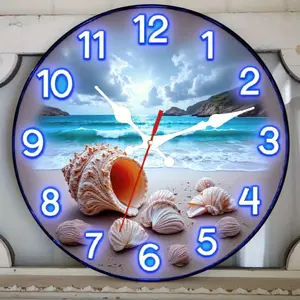 1 Neon Beach Wall Clock - Silent, Shell Decoration - Artificial Wood, Battery Operated (AA Batteries Not Included) - Suitable for Living Room, Bathroom, Terrace, Teacher's Day, Graduation Gift, Halloween - Modern Coastal Style Home Decoration, Shell Desig