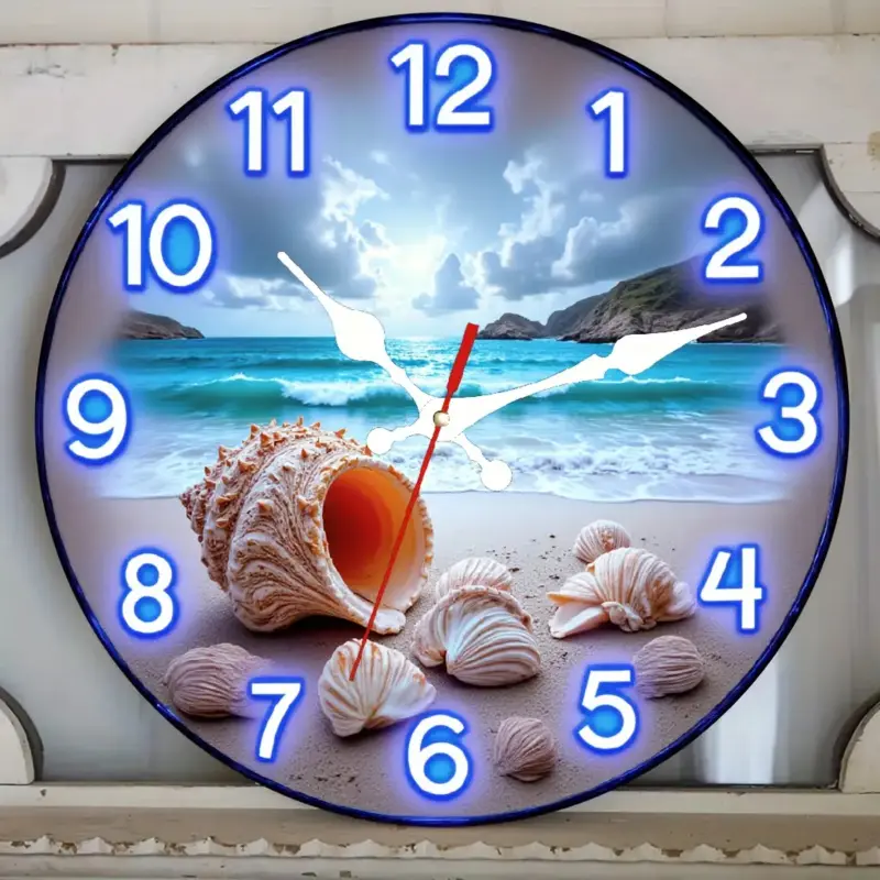1 Neon Beach Analog Wall Clock Decorative, Home goods - Silent, Shell Decoration - Artificial Wood, Battery Operated (AA Batteries Not Included) - Suitable for Living Room, Bathroom, Halloween - Modern Coastal Style Home Decoration, Shell Desig