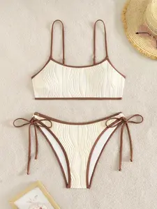 Women's Two-Piece Bikini Set Fashion Water Ripple Colorblock Split Swimsuit, Elegant Tie Side Beach Vacation Swimwear, Adjustable Strap