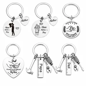 Father’s Day Keychain Gifts for Dad & Papa, Silver-Tone Metal Keyring with Heart Charm, Father Daughter Son Gift, Dad Birthday Gift, Tool & Family Love Keychain