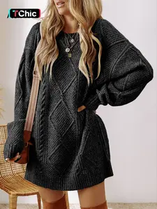 Women's Solid Textured Cozy Cable Knit Drop Shoulder Sweater Dress, Casual Long Sleeve Round Neck Jumper Dress for Fall & Winter, Women's Knitwear for Daily Wear Womenswear